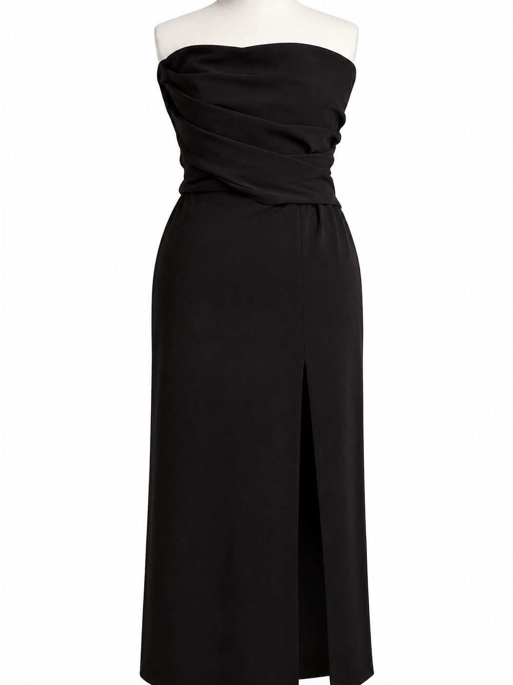 Zara Black Strapless Draped Midi Dress with Front Slit